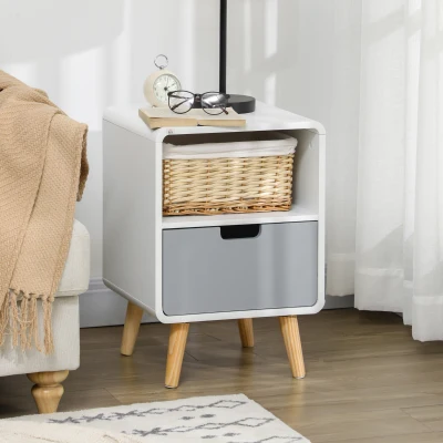 HOMCOM Table de Nuit Scandinave Bois Blanc Bleu Gris