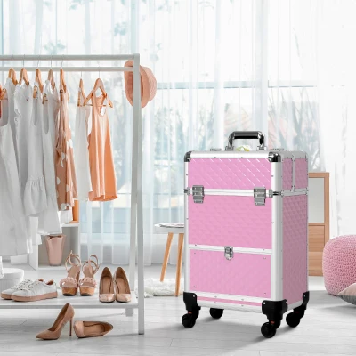 HOMCOM Maletín de Maquillaje Profesional con Cajón Maleta de Maquillaje con Ruedas para Viaje Trabajo 34x25x62 cm Rosa