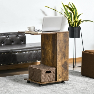HOMCOM C-Shape Mobile Sofa Side Table with Storage Rustic Brown