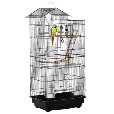 PawHut Jaula para Pájaros Pajarera con Múltiples Puertas 4 Comederos 3 Perchas Columpio Escaleras y Bandeja Extraíble para Loros Canarios Periquitos 46x36x100 cm Negro