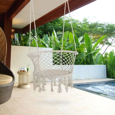 Outsunny Hamac Chaise Suspendue Macramé Coton Beige 80x60cm
