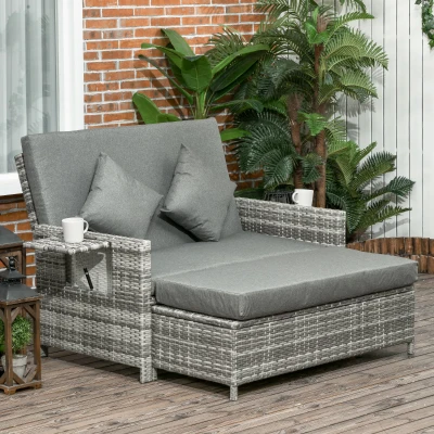Outsunny 2-Seater Rattan Sofa Daybed Grey Outdoor Furniture