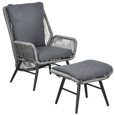 Outsunny Rattan Armchair & Footstool Set with Cushions - Grey