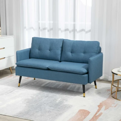 HOMCOM Divano 2 Posti in Tessuto con Cuscini Imbottiti Blu Scuro
