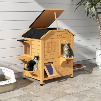 PawHut 2-Story Weatherproof Wooden Cat House Natural Finish