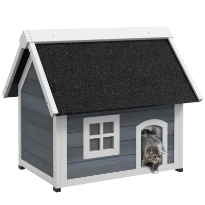PawHut Outdoor Wooden Cat House Feral Shelter Grey