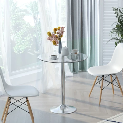 HOMCOM Round Dining Table Glass Top Steel Base Space Saving