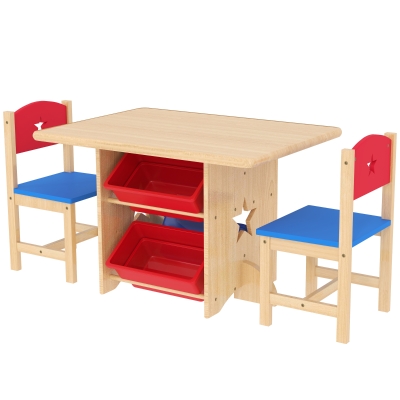 AIYAPLAY Table Enfant Bois 3 Pièces avec 4 Bacs de Rangement