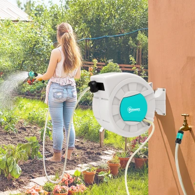 Outsunny Manguera Retráctil de Pared con Carrete de 25+2 m con Bloqueo Retorno Automático y Boquilla de 7 Funciones y Giro 180°