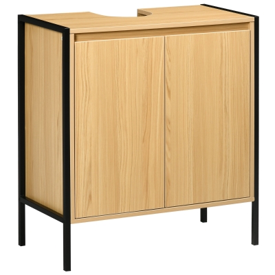 kleankin Mueble para Debajo del Lavabo Armario de Suelo para Baño de Madera con 2 Puertas y Estante 60x30x65,2 cm Roble