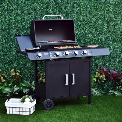 Outsunny Barbecue a Gas 5 Fornelli con Ripiani e Armadietto Nero