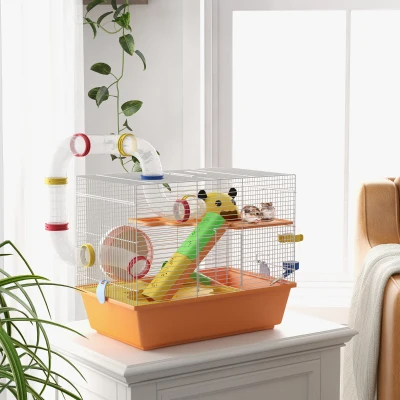PawHut 3-Tier Hamster Cage with Tubes & Wheel 45x28x37cm - Orange