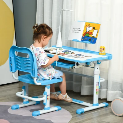 HOMCOM Escritorio y Silla para +6 Años con Altura Ajustable e Inclinable 80x49,5x82-104 cm y 35,5x43,5x63-73 cm Azul