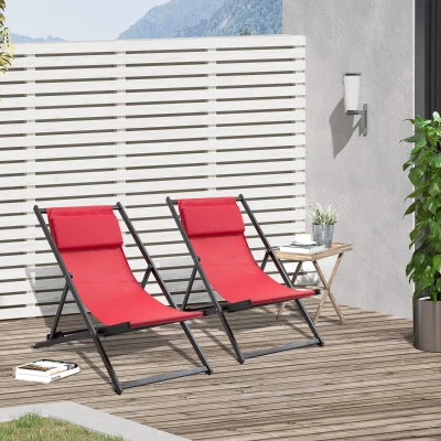 Outsunny Set of 2 Folding Aluminium Deck Chairs Red