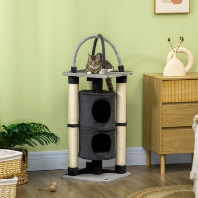 PawHut Árbol para Gatos de 2 Niveles con Plataforma Postes de Yute y Bola Colgante 39x39x114 cm Gris
