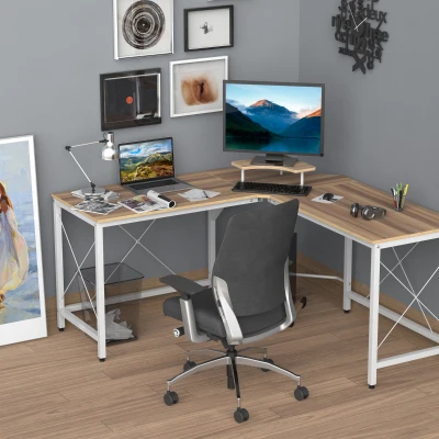 HOMCOM Mesa de Escritorio en Forma de L Escritorio de Ordenador con Soporte de Monitor Estante Independiente para Torre y Estructura con Refuerzo en X 150x150x76 cm Color Madera y Blanco