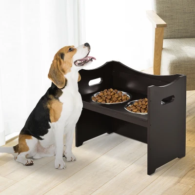PawHut Gamelles Chiens Surélevées Bois Brun Foncé 2L