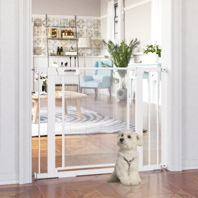 PawHut Barrera de Seguridad para Perros Extensible 75-103 cm Barrera Escaleras Puertas con Extensiones Cierre Automático Blanco