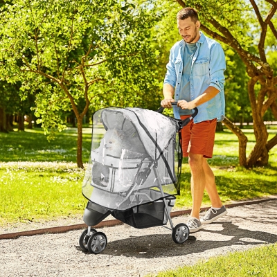PawHut Folding Dog Stroller with Cover & Storage Basket Grey