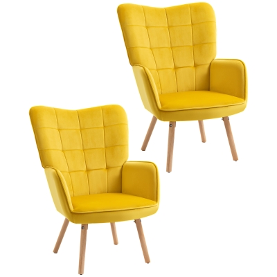 HOMCOM Velvet-Touch Wingback Accent Chair Set of 2 Yellow