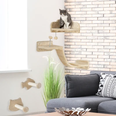 PawHut Rascador de Pared para Gatos con 2 Postes de Sisal Plataforma Doble con Escalera Suave y 1 Plataforma para Saltar Beige