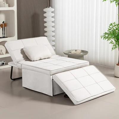 HOMCOM Sofá Cama de 1 Plaza Tapizado en Lino con Respaldo Ajustable en 5 Posiciones Reposapiés y Reposacabezas Crema