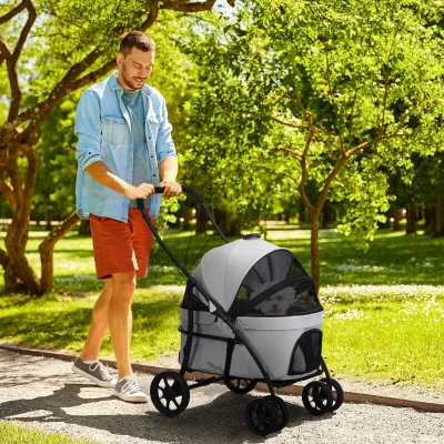 PawHut Poussette Chien 2en1 Pliable Nacelle Tissu Oxford Gris