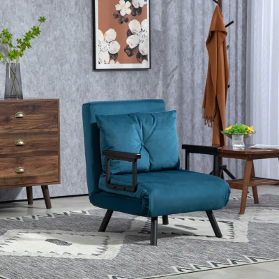 HOMCOM 4-in-1 Velvet Single Chair Bed with Pillow Navy Blue