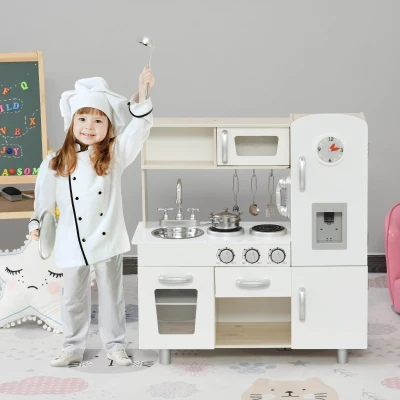 HOMCOM Cocina de Juguete de Madera con Fregadero Cocina de Inducción y Microondas Simulados con Accesorios Incluidos Cocina Infantil para +3 Años 74x30x81 cm Blanco(m-2)