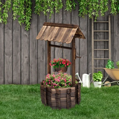 Outsunny Wooden Wishing Well Planter Garden Decor with Bucket