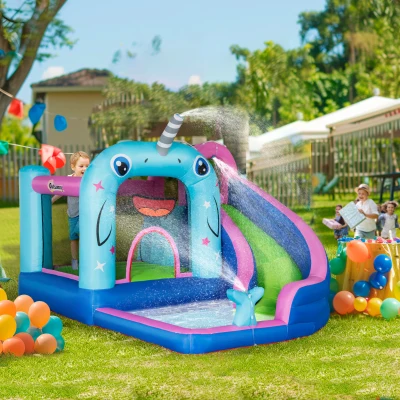 Outsunny Castello Gonfiabile per Bambini 3-8 Anni a tema Narvalo