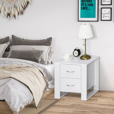 HOMCOM Table Nuit 2 Tiroirs Bois Blanc Moderne 48x39x54cm