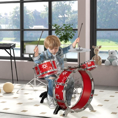 AIYAPLAY Batteria per Bambini a 7 Pz con Sgabello Bacchette Rosso