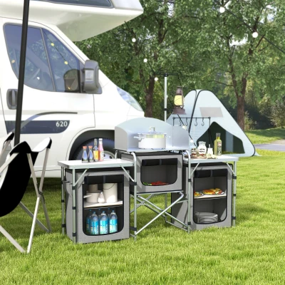 Outsunny Mueble de Cocina para Camping Plegable con 3 Mesas 4 Ganchos Poste de Luz y Bolsa de Transporte 172x48x119 cm Gris