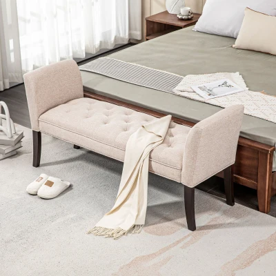 HOMCOM Panca Fondo Letto Imbottita in Poliestere e Legno Beige