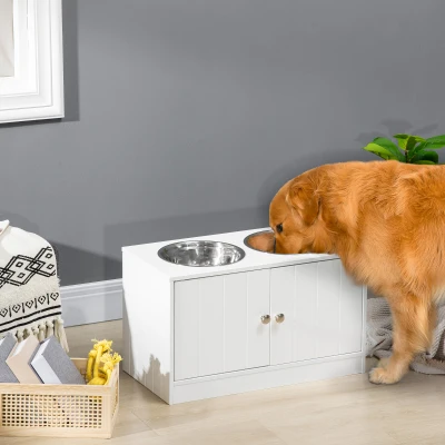 PawHut Ciotole per Cani Rialzate in Acciaio con Armadietto Bianco