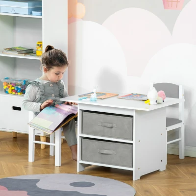 HOMCOM Kids Table & Chairs Set White with Storage Drawers