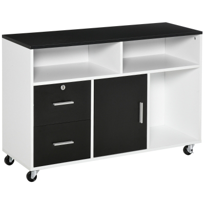HOMCOM Mueble Auxiliar de Oficina Mueble Archivador con Ruedas Estantes y Cajones Armario Multiusos con Gran Almacenaje 100x35x65 cm Negro y Blanco