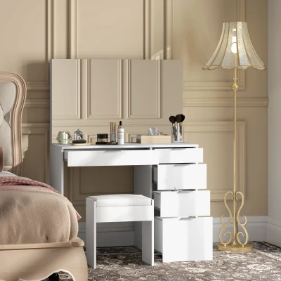 HOMCOM Set Tavolo da Trucco con Specchio Cassetti Sgabello Bianco