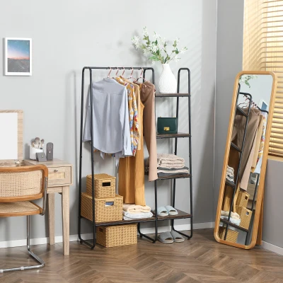 HOMCOM Perchero de Ropa de Madera con 4 Estantes y Barra para Colgar para Dormitorio Salón 101x39x160 cm Marrón Rústico