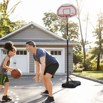 HOMCOM Canasta de Baloncesto con Altura Ajustable 258-314 cm Aro de Baloncesto con Ruedas y Base Rellenable Negro y Rojo