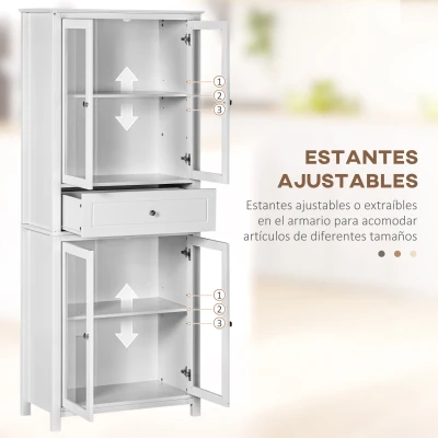 HOMCOM Alacena de Cocina Mueble Vitrina con 4 Puertas de Vidrio Templado Cajón y Estantes Ajustables 74x35,5x181,5 cm Blanco(m-6)