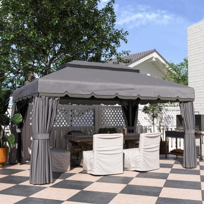 Outsunny Pérgola de Jardim 390x290x270 cm com 4 Cortinas Laterais 4 Telas Mosquiteiras e 8 Orifícios de Drenagem Cinza