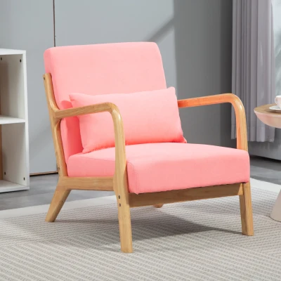 HOMCOM Poltrona Sala de Estar Nórdica Acolchoada com Apoio para os Braços e Estrutura de Madeira de Borracha 61x78x76 cm Rosa