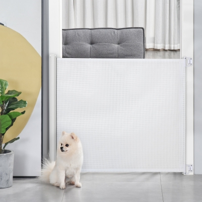 PawHut Barrera para Cães Retrátil Dobrável com Largura Ajustável 5,5-115 cm com Função de Enrolamento Automático Branco