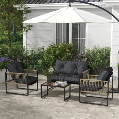 Outsunny Conjunto de Móveis de Jardim de Vime Sintético 4 Peças com 2 Poltronas 1 Sofá de 2 Lugares 1 Mesa de Centro Cinza Escuro