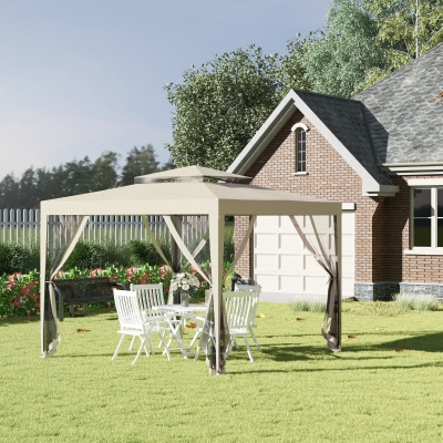 Outsunny Pérgola de Jardim 297x297x268 cm com Redes Mosquiteiras Laterais com Fecho de Correr Teto de Ventilação e 8 Orifícios de Drenagem Bege