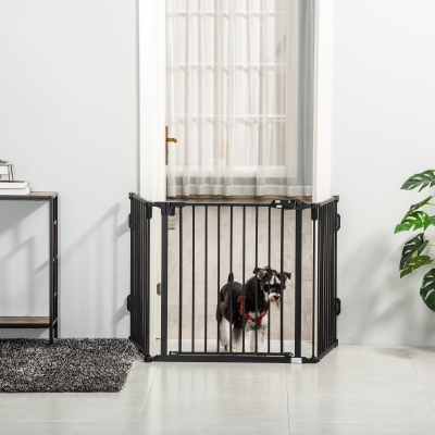 PawHut Barreira de Segurança para Cães Dobrável Barreira de Proteção para Lareira 202,5 cm com Porta para Escada Corredor Preto
