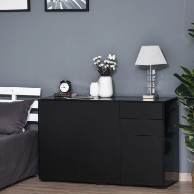 HOMCOM Aparador de Sala de Estar com 3 Portas 2 Gavetas e Prateleira Interior Ajustável Móvel Auxiliar de Armazenamento para Cozinha Dormitório Anti-Rolamento 117x36x74 cm Preto