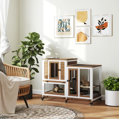 PawHut Coelheira de Madeira Interior Gaiola para Coelhos de 2 Níveis com Rodas 2 Rampas 3 Bandejas Amovíveis 110x50x86 cm Marrom